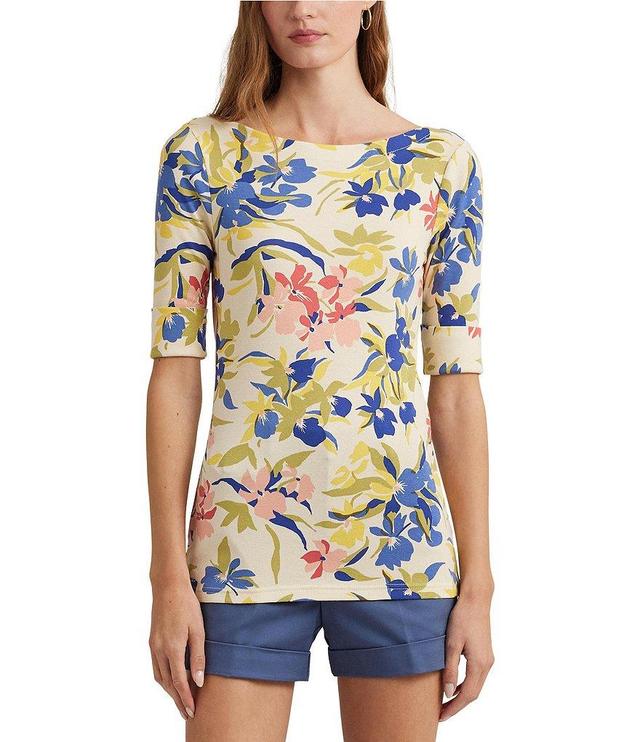 Lauren Ralph Lauren Petite Size Knit Floral Boat Neck Elbow Length Sleeve Tee Shirt Product Image