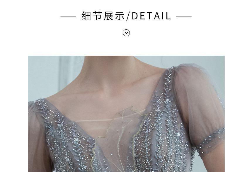 Short-Sleeve Sequined Mesh A-Line Evening Gown Product Image