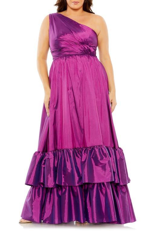 Mac Duggal Womens One Shoulder Asymmetrical Ruffle Hem Gown Product Image