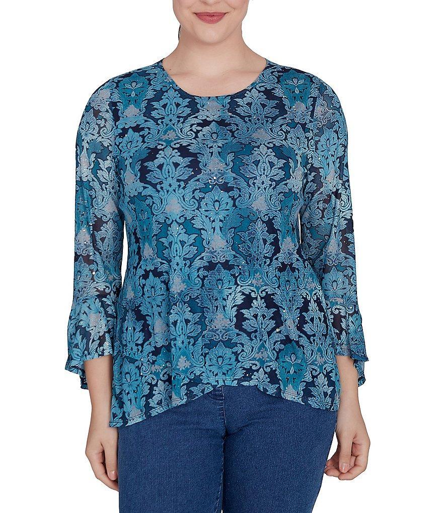 Ruby Rd. Damask Print Crew Neck 3/4 Ruffle Sleeve Mesh Top Product Image