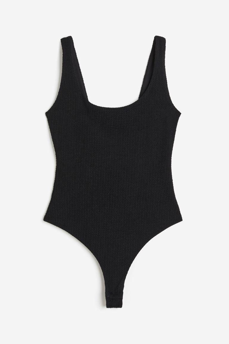 H & M - Textured Thong Bodysuit - Black Product Image