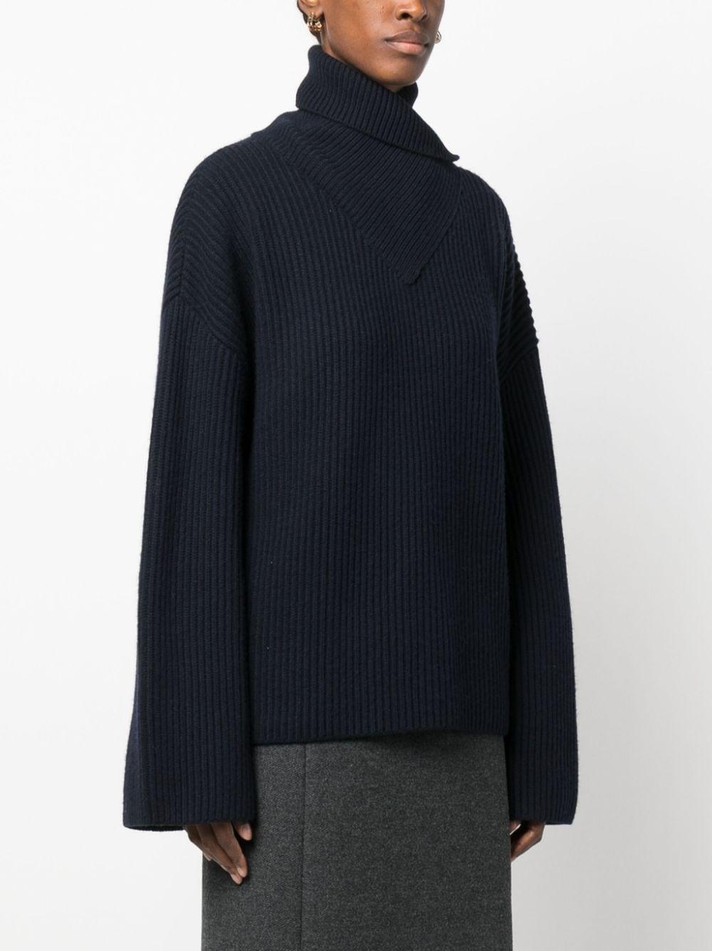 Wrap-neck Ribbed Wool Jumper In Navy Blue Product Image