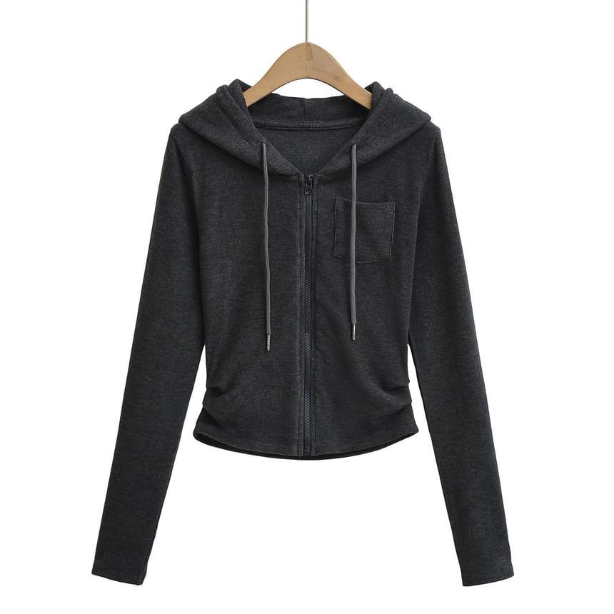 Plain Ruched Zip-Up Crop Hoodie Product Image