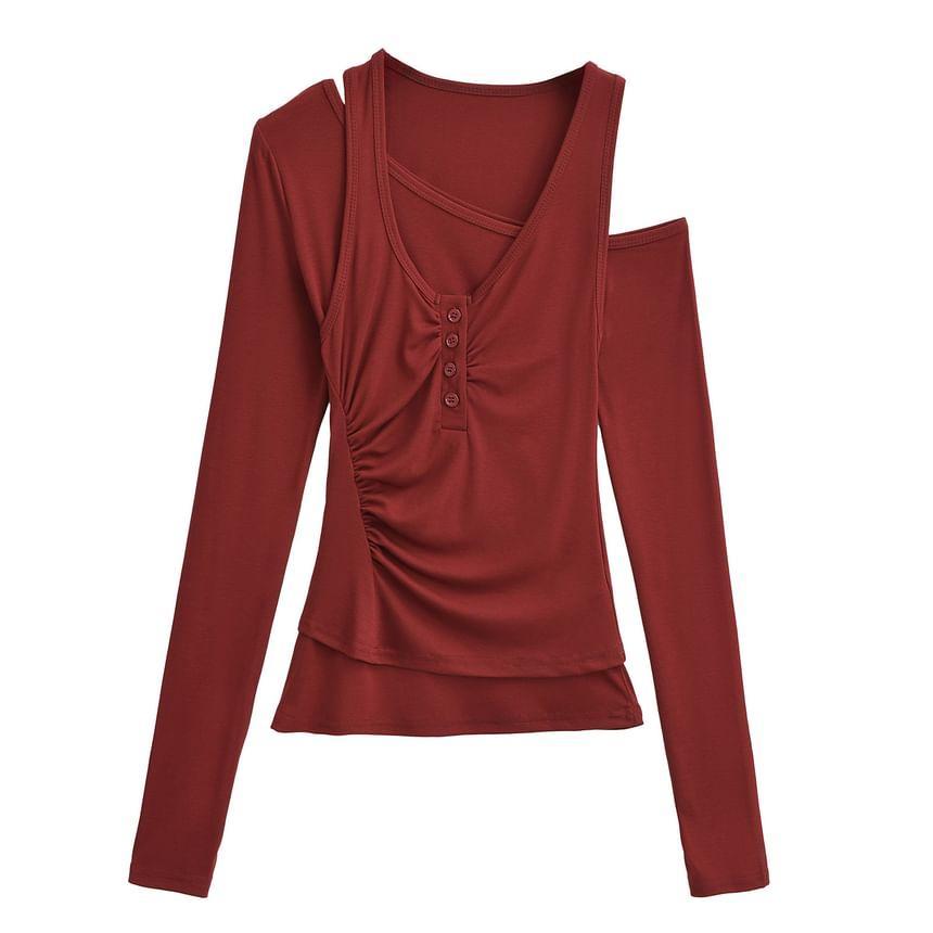 Set: Long-Sleeve One-Shoulder Plain Tee + Henley Ruched Tank Top Product Image