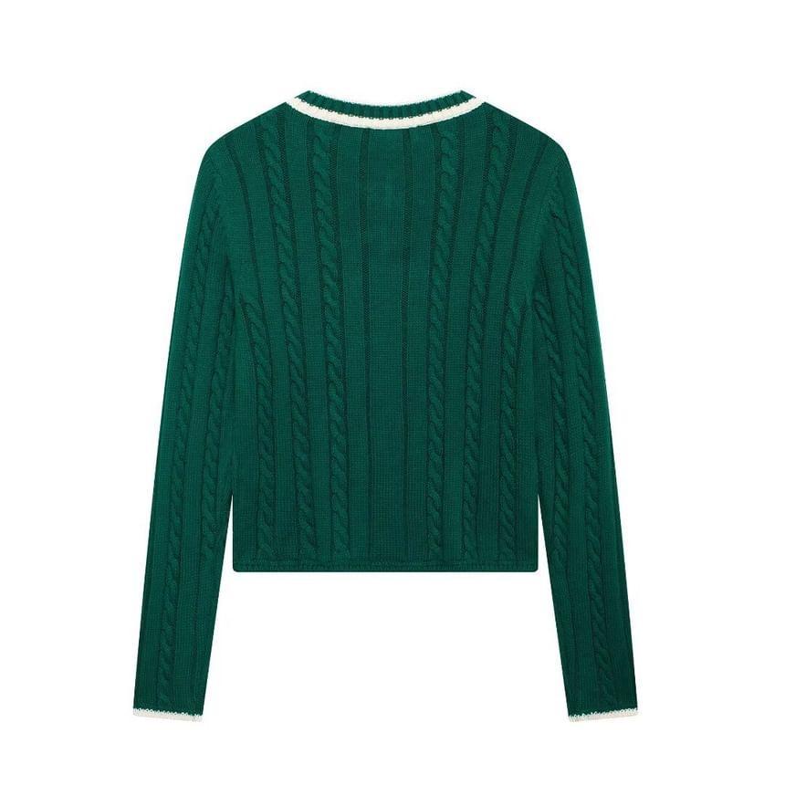 Long Sleeve V-Neck Contrast-Trim Cable-Knit Loose-Fit Sweater Product Image