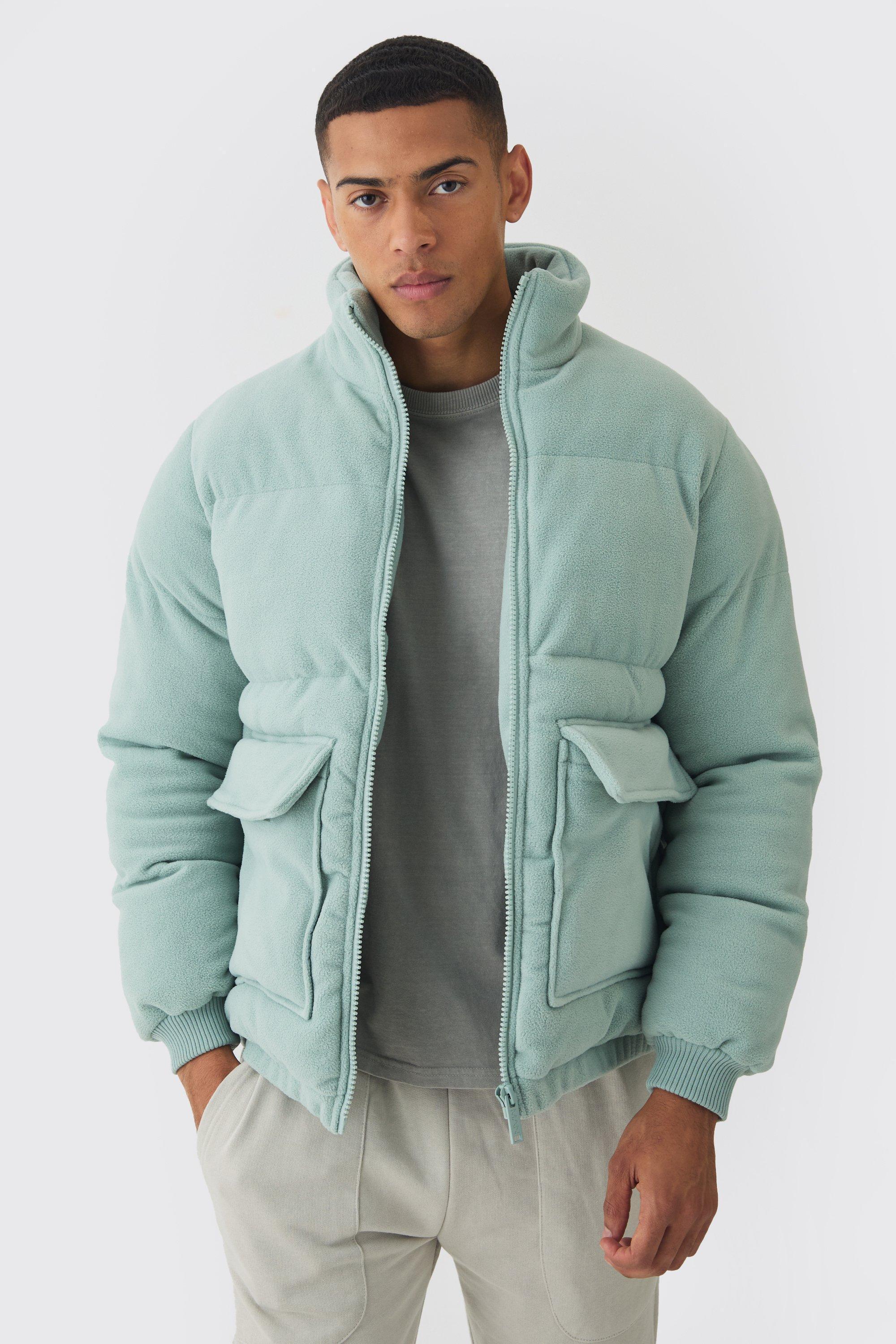 Fleece Funnel Neck Puffer Coat In Sage | boohooMAN USA product image