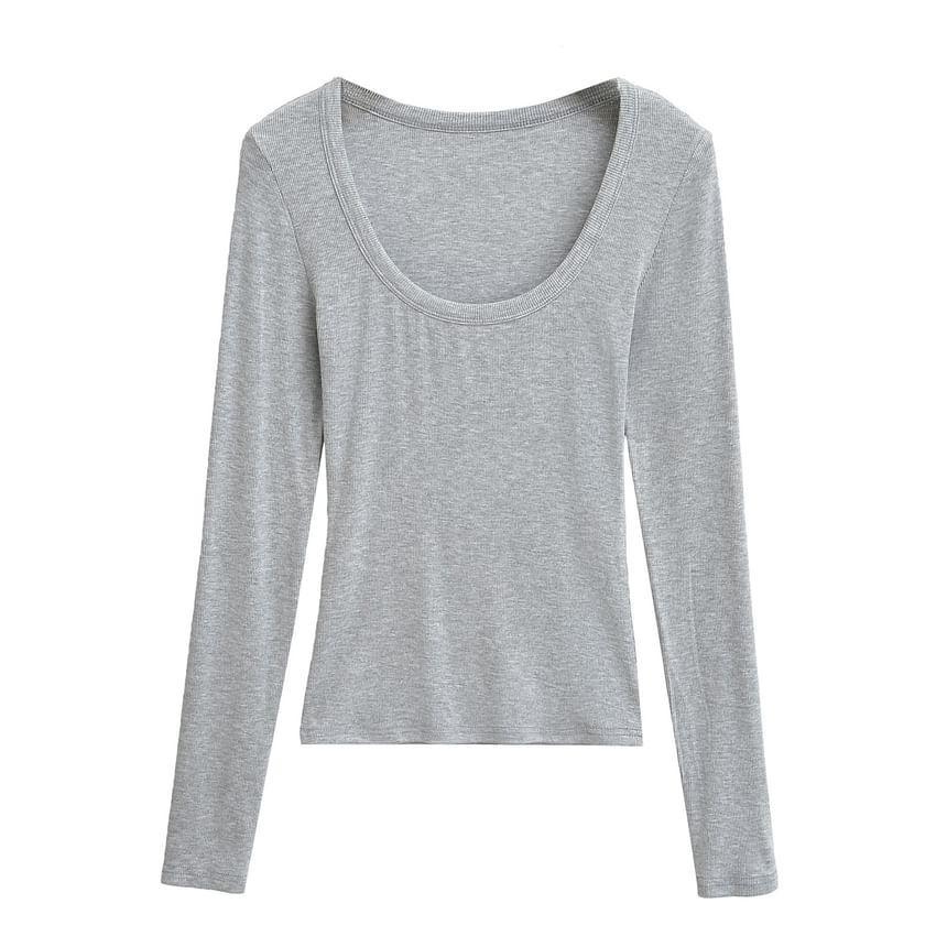 Long-Sleeve Scoop Neck Plain Crop Tee Product Image