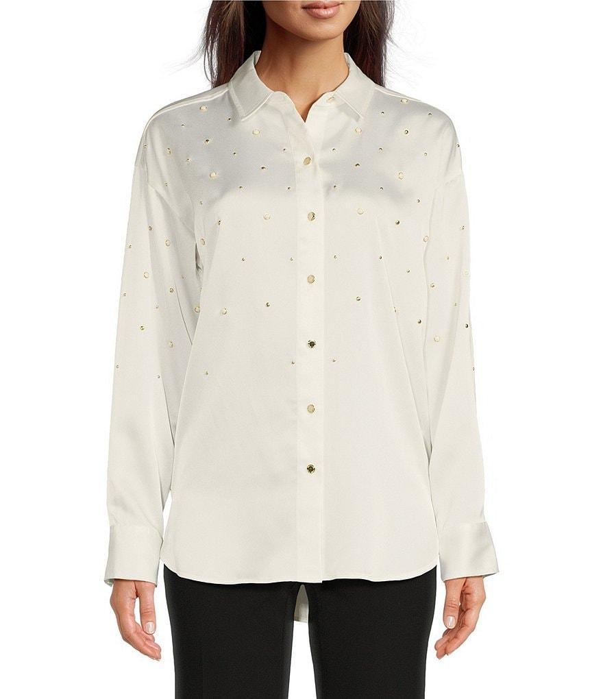 KARL LAGERFELD PARIS Woven Pearl Embellished Long Sleeve Button Front Top Product Image