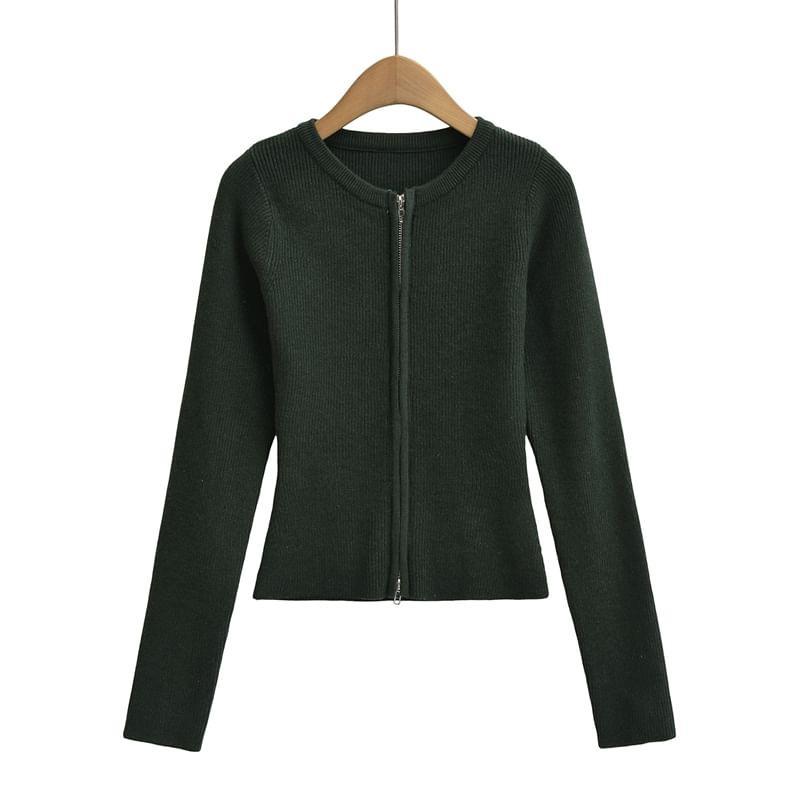 Round Neck Plain Zip Cardigan Product Image