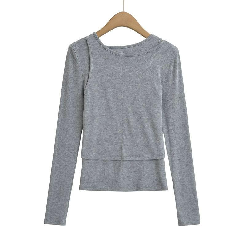 Long Sleeve Crew Neck Plain Mock Two Piece T-Shirt Product Image