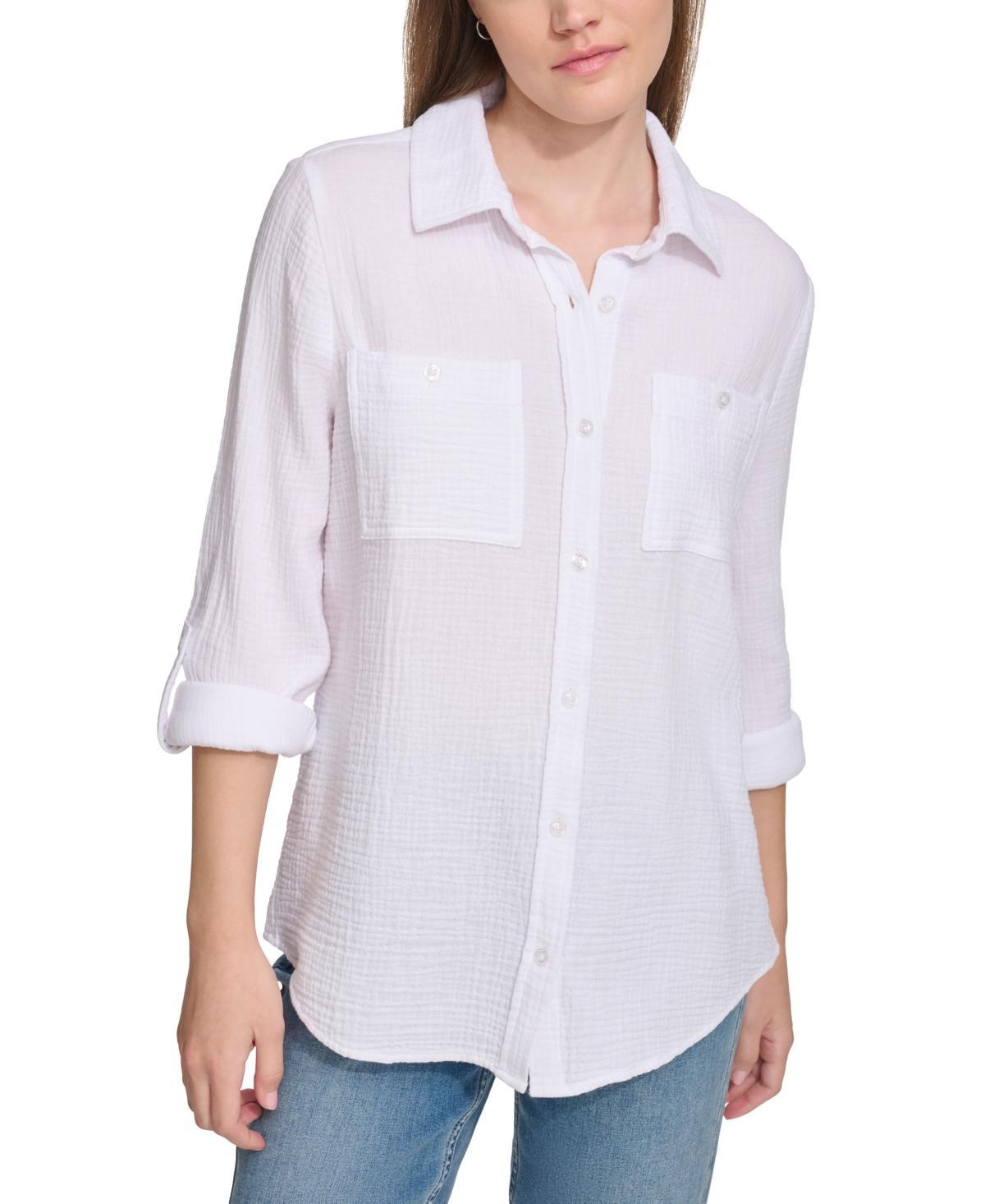 Calvin Klein Jeans Womens Double-Crepe Button-Down Roll-Tab-Sleeve Shirt Product Image