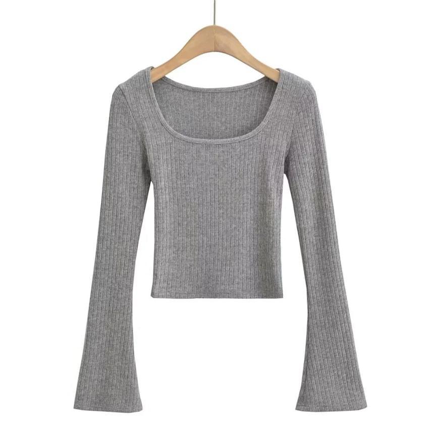 Flare-Sleeve Square Neck Plain Knit Top Product Image