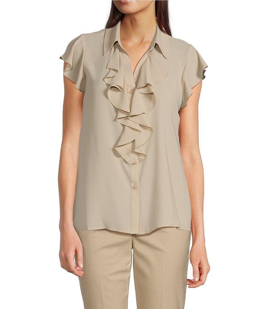 Calvin Klein Georgette Point Collar V-Neck Short Sleeve Ruffled Button Front Blouse Product Image