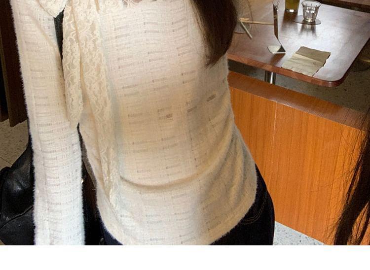 Long Sleeve Mock Neck Plain Tie-Up Panel Lace Top Product Image