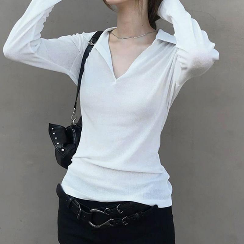 Long Sleeve V-Neck Collar Plain Loose-Fit Knit Top Product Image