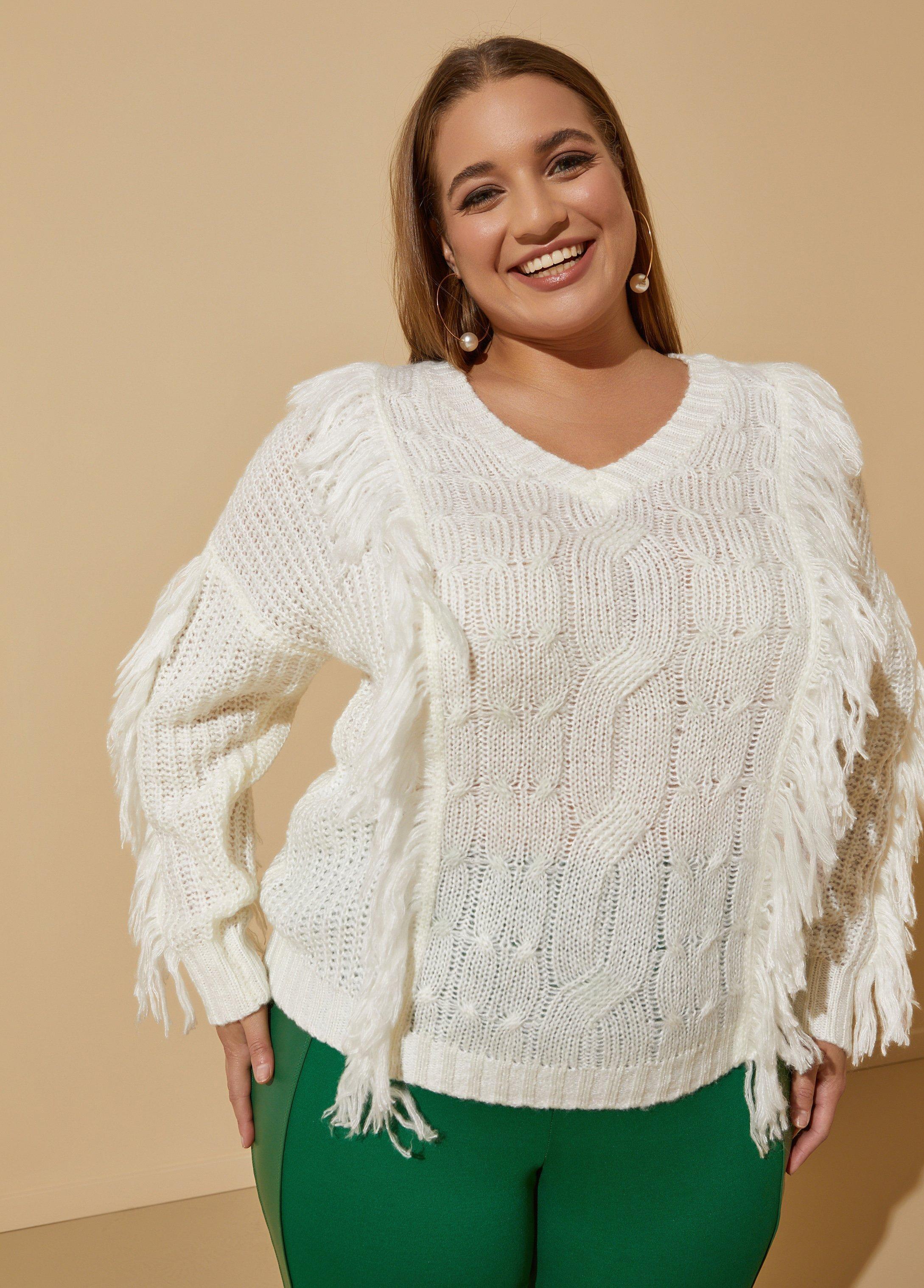 Plus Size Fringed Cable Knit Sweater Ashley Stewart Product Image