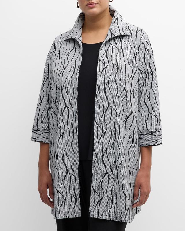 Plus Size 3/4-Sleeve Wave Intarsia Knit Topper Product Image