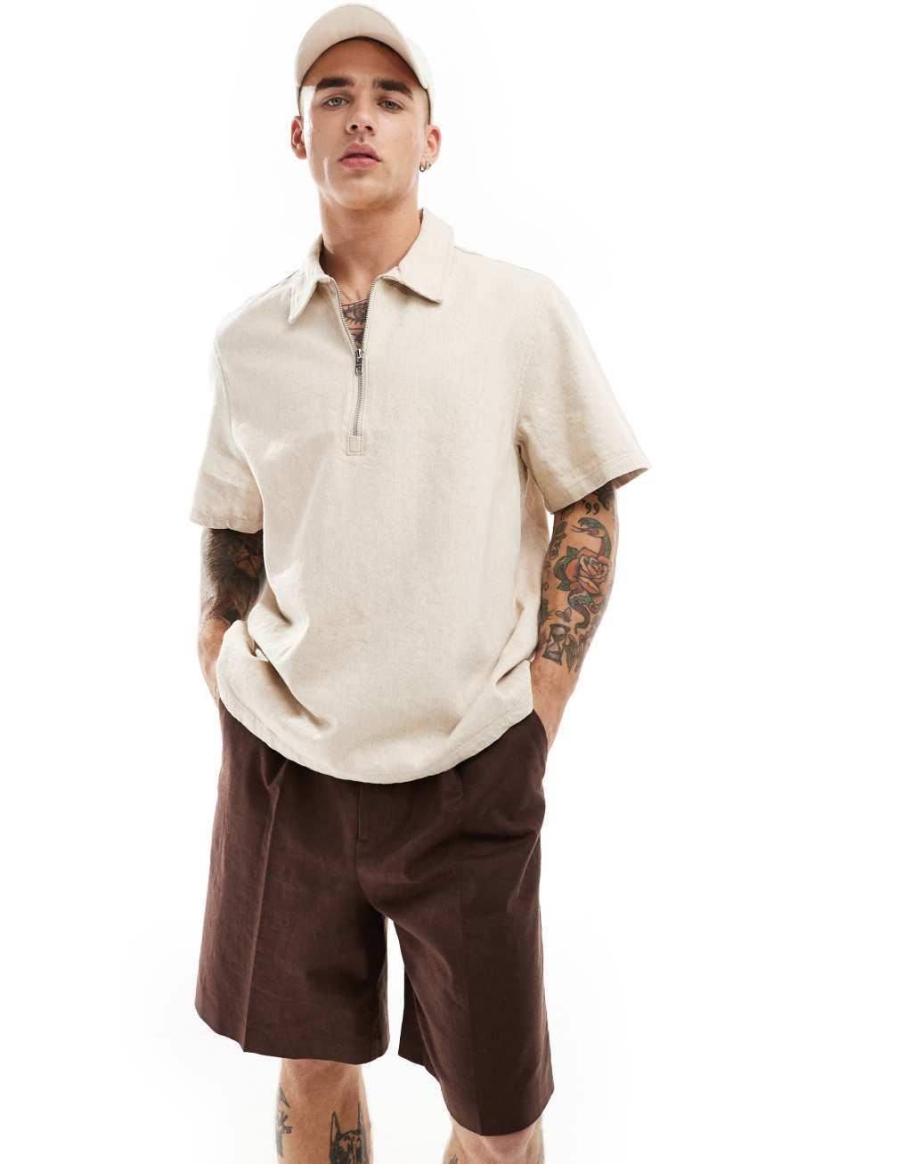 Weekday Dejan heavyweight linen mix short sleeve polo zip shirt in beige Product Image