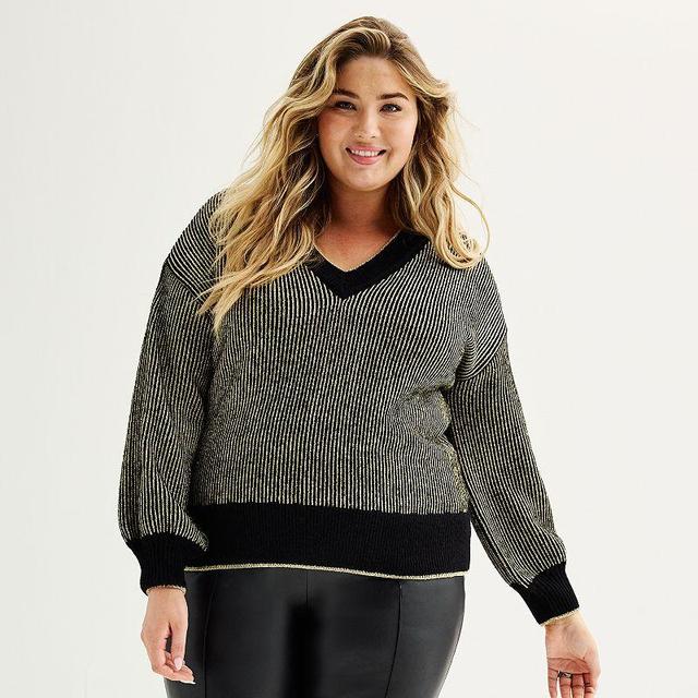 Plus Size Nine West V-Neck Shine Pullover Sweater, Womens Product Image