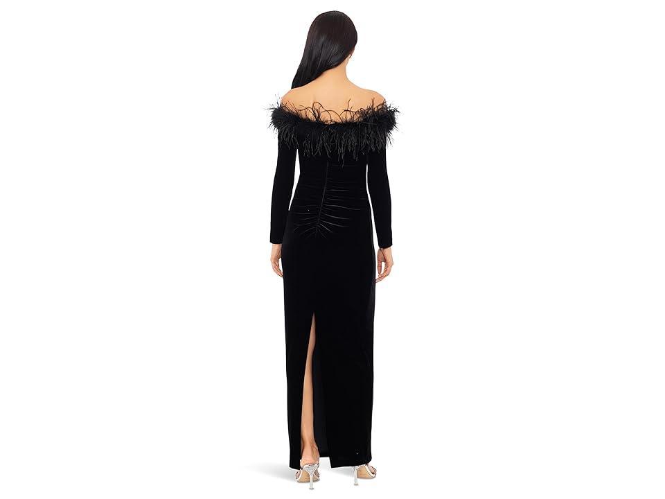 Xscape Feather Trim Off the Shoulder Long Sleeve Scuba Maxi Dress Product Image