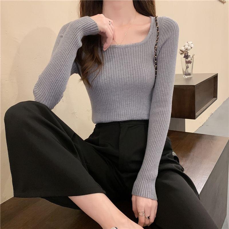 Long-Sleeve Square Neck Ribbed Knit Top product image