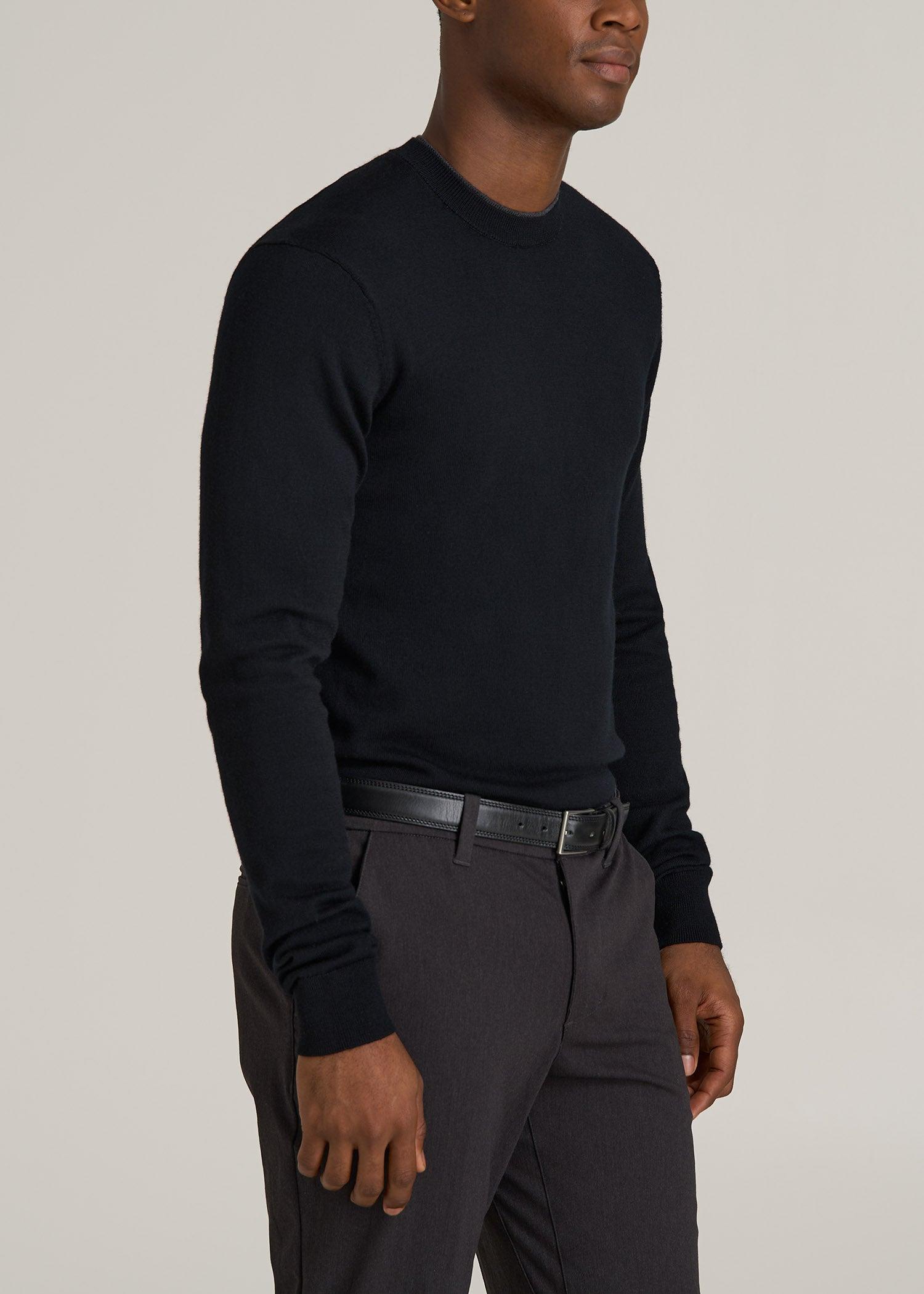 Merino Wool Crewneck Tip Sweater for Tall Men in Black Male Product Image