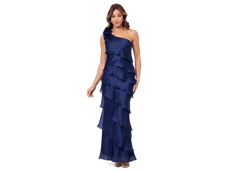 XSCAPE Long Metallic Organza Tiered One Shoulder Women's Dress Product Image