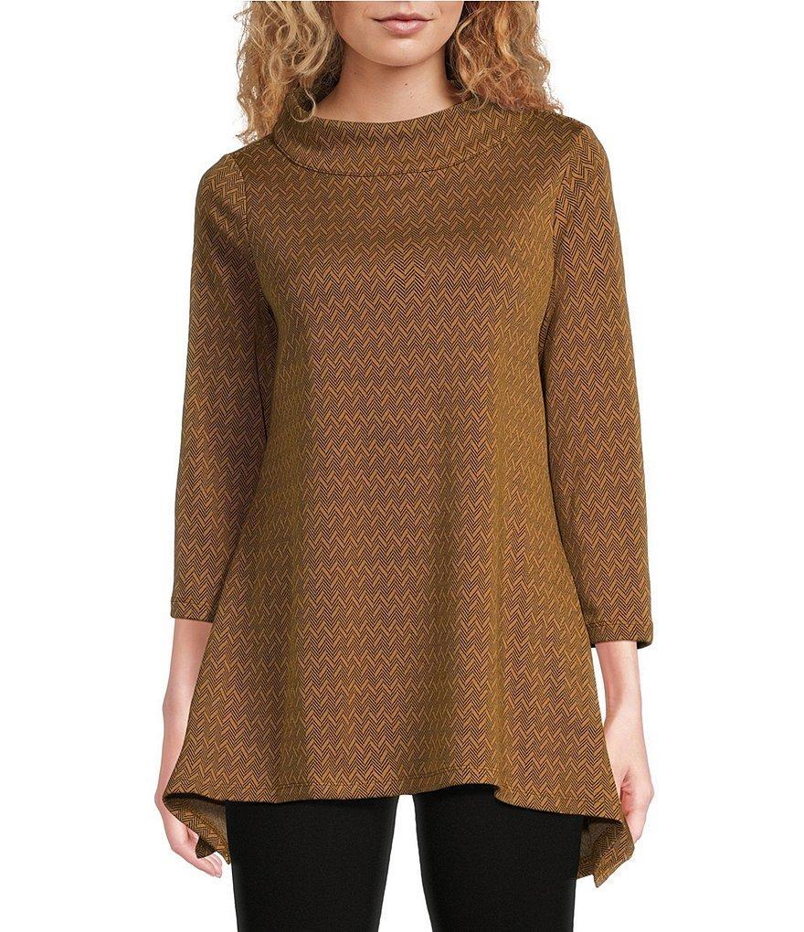 Calessa Herringbone Funnel Neck 3/4 Sleeve Top Product Image