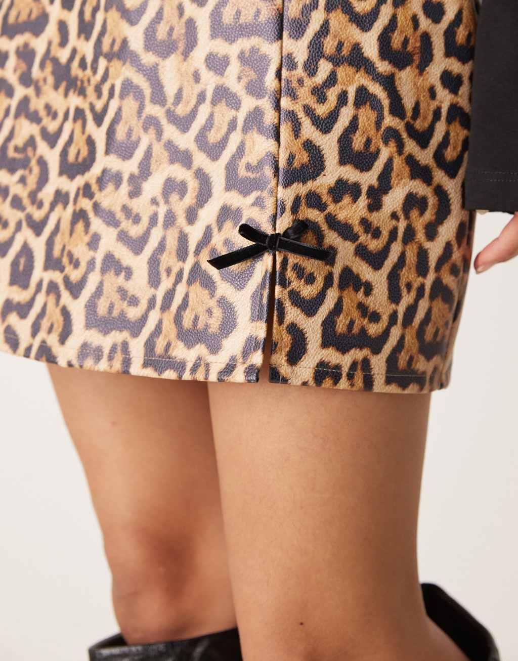 Miss Selfridge faux leather mini skirt with bow detail in leopard Product Image