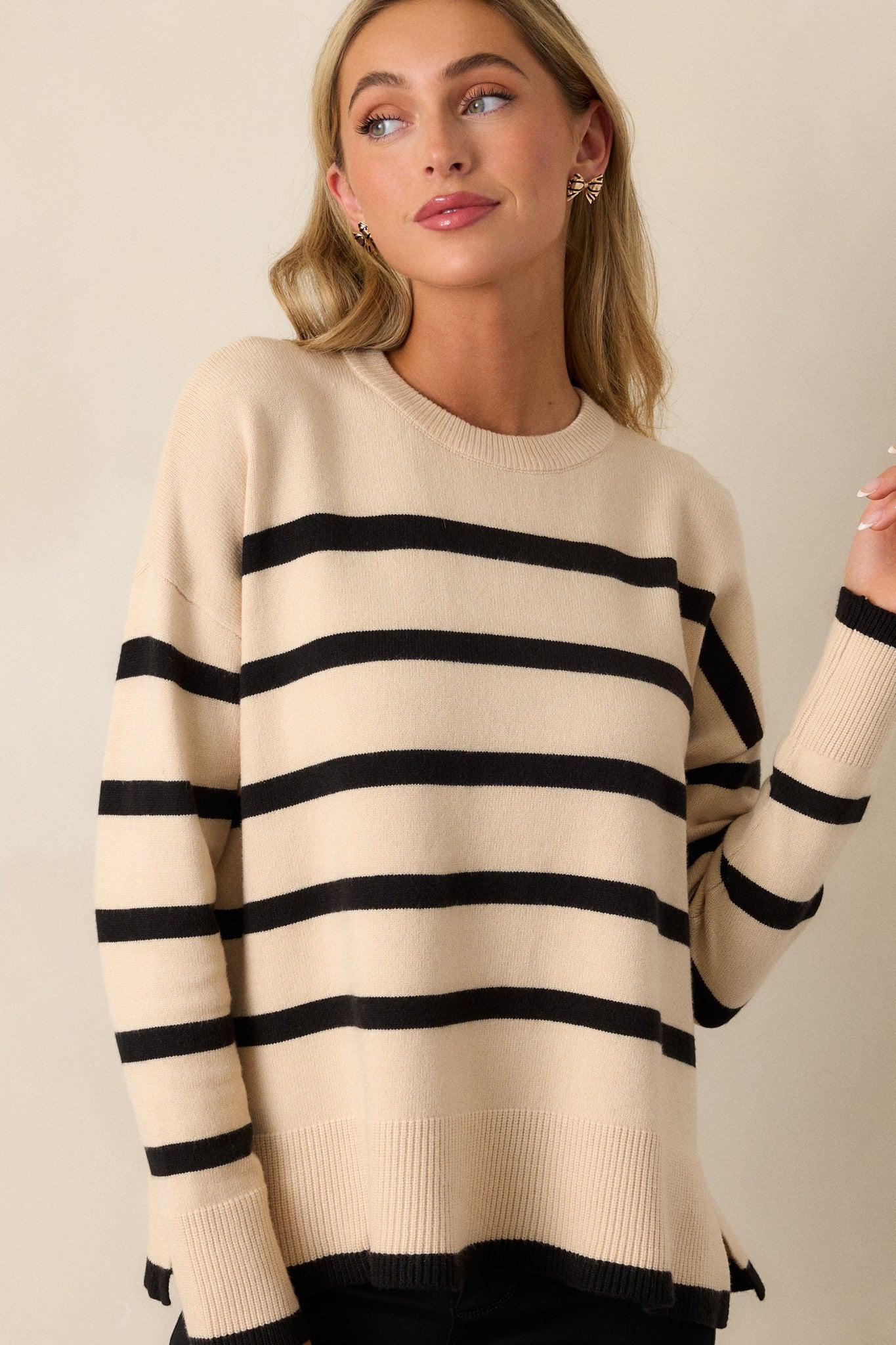 Time to Unwind Beige Stripe Knit Sweater Product Image