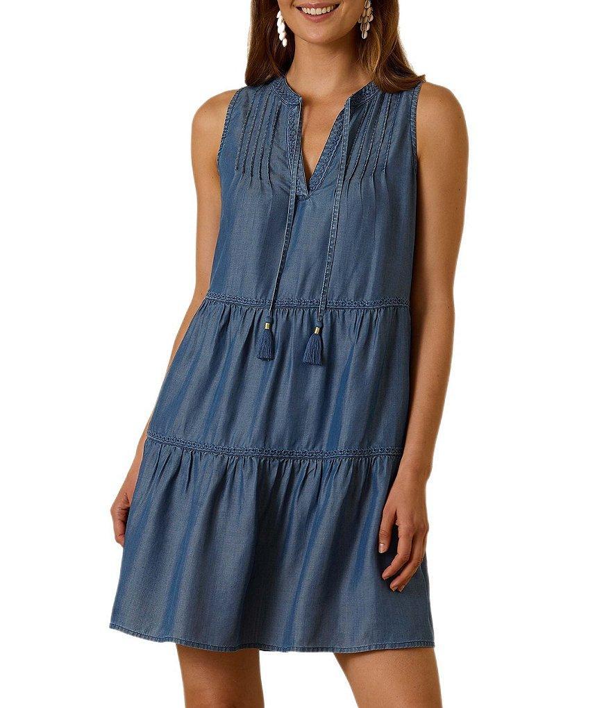 Tommy Bahama Chambray Split V-Neck Sleeveless Ruffle Tiered Hem Dress Swim Cover-Up Product Image