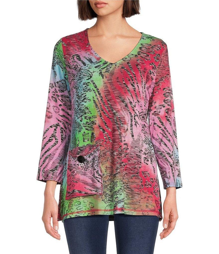 Calessa Jacquard Tie Dyed Knit V-Neck 3/4 Bell Sleeve Tunic Product Image