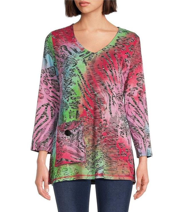 Calessa Jacquard Tie Dyed Knit V-Neck 3/4 Bell Sleeve Tunic Product Image