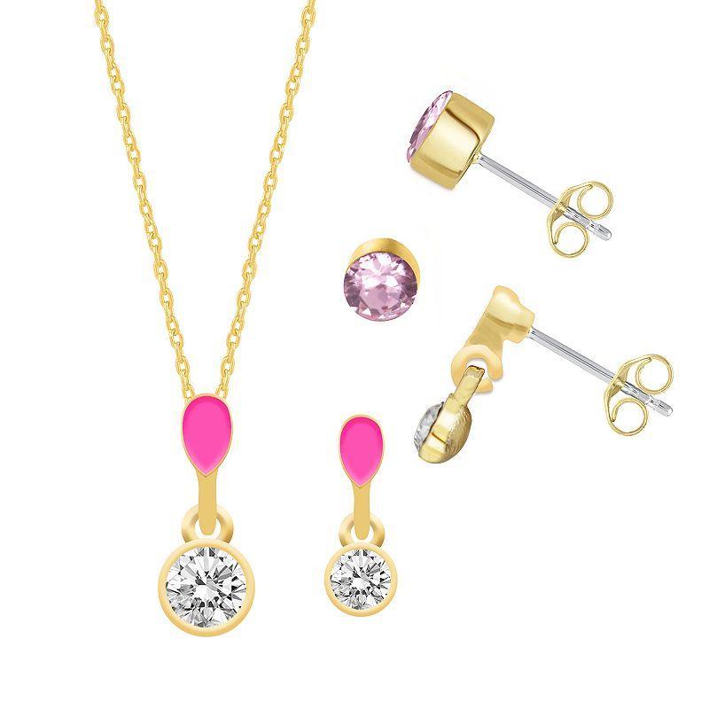 Royal Aura Gold Tone Pink Enamel & Crystal Pendant Necklace, Drop Earrings, & Stud Earrings Set, Womens Product Image