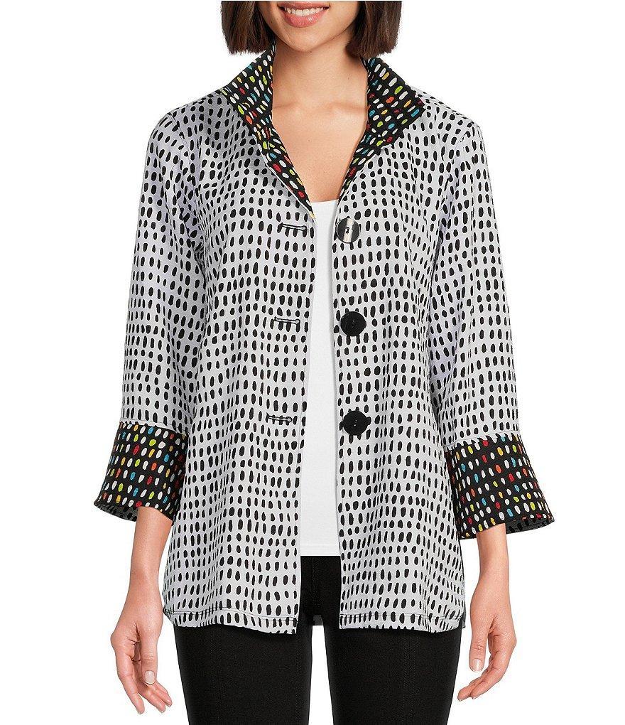 Multiples Petite Size Abstract Dot Print Bark Cloth Wire Collar 3/4 Flounce Sleeve Button-Front Jacket Product Image