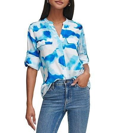 Calvin Klein Printed V-Neck Roll Tab Sleeve Blouse Product Image