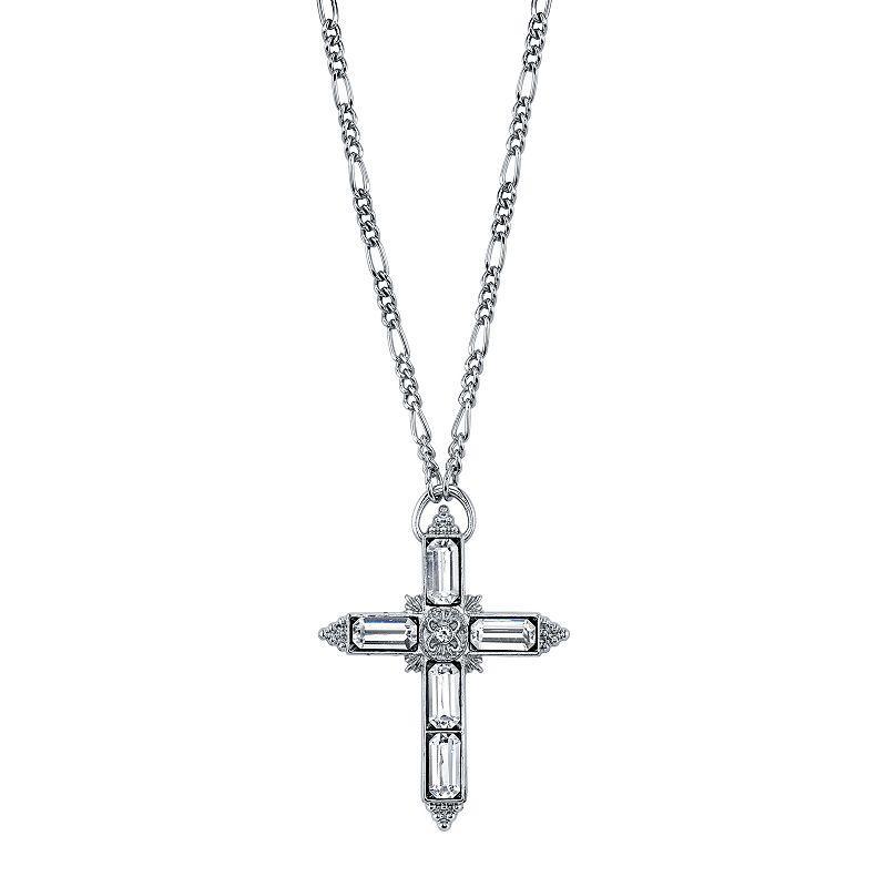 1928 Crystal Baguette Cross Pendant Necklace, Womens, Silver Tone Product Image