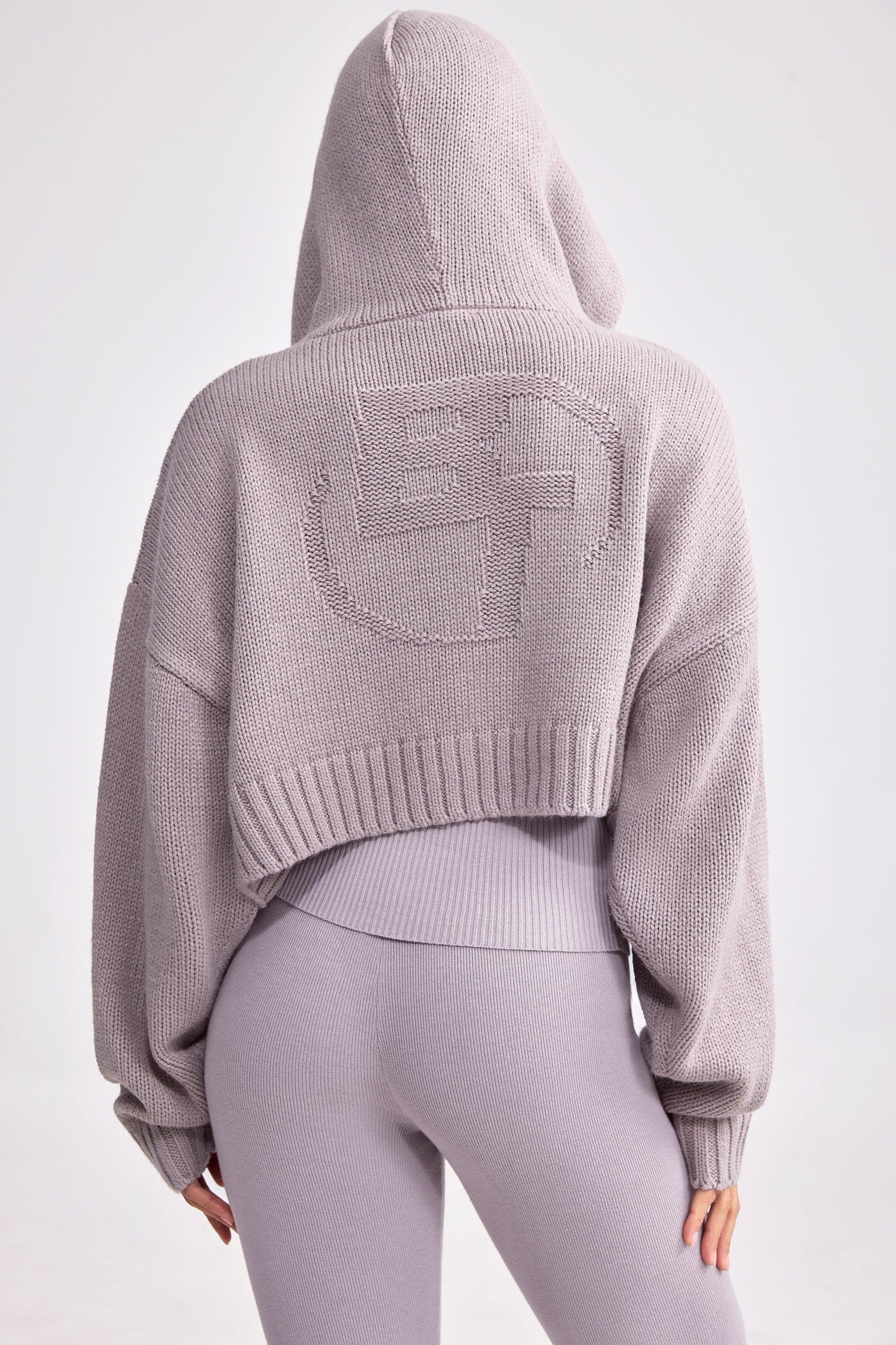 Cropped Zip-Up Chunky Knit Hoodie in Dusty Lavender Product Image