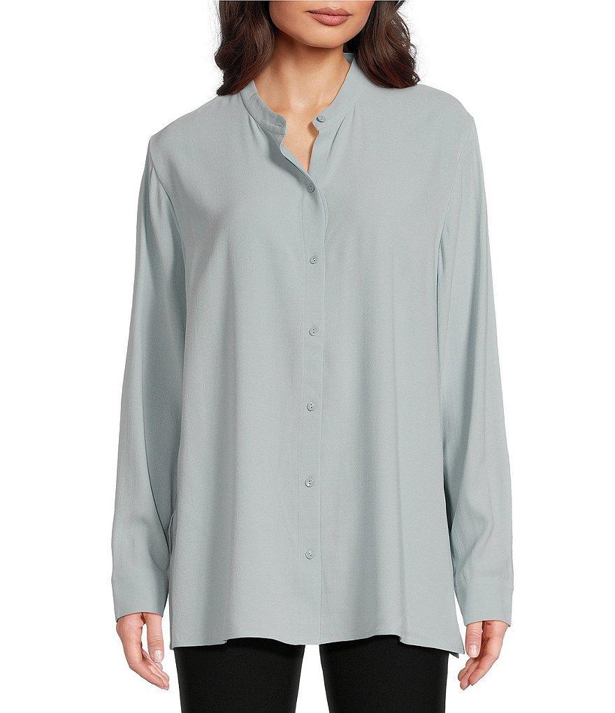 Eileen Fisher Silk Georgette Crepe Mandarin Collar Long Sleeve Button Front Shirt Product Image