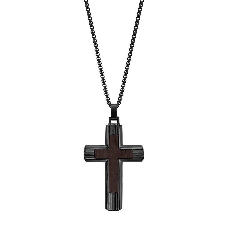 Mens LYNX Stainless Steel & Ebony Wood Cross Pendant Necklace Brown Product Image