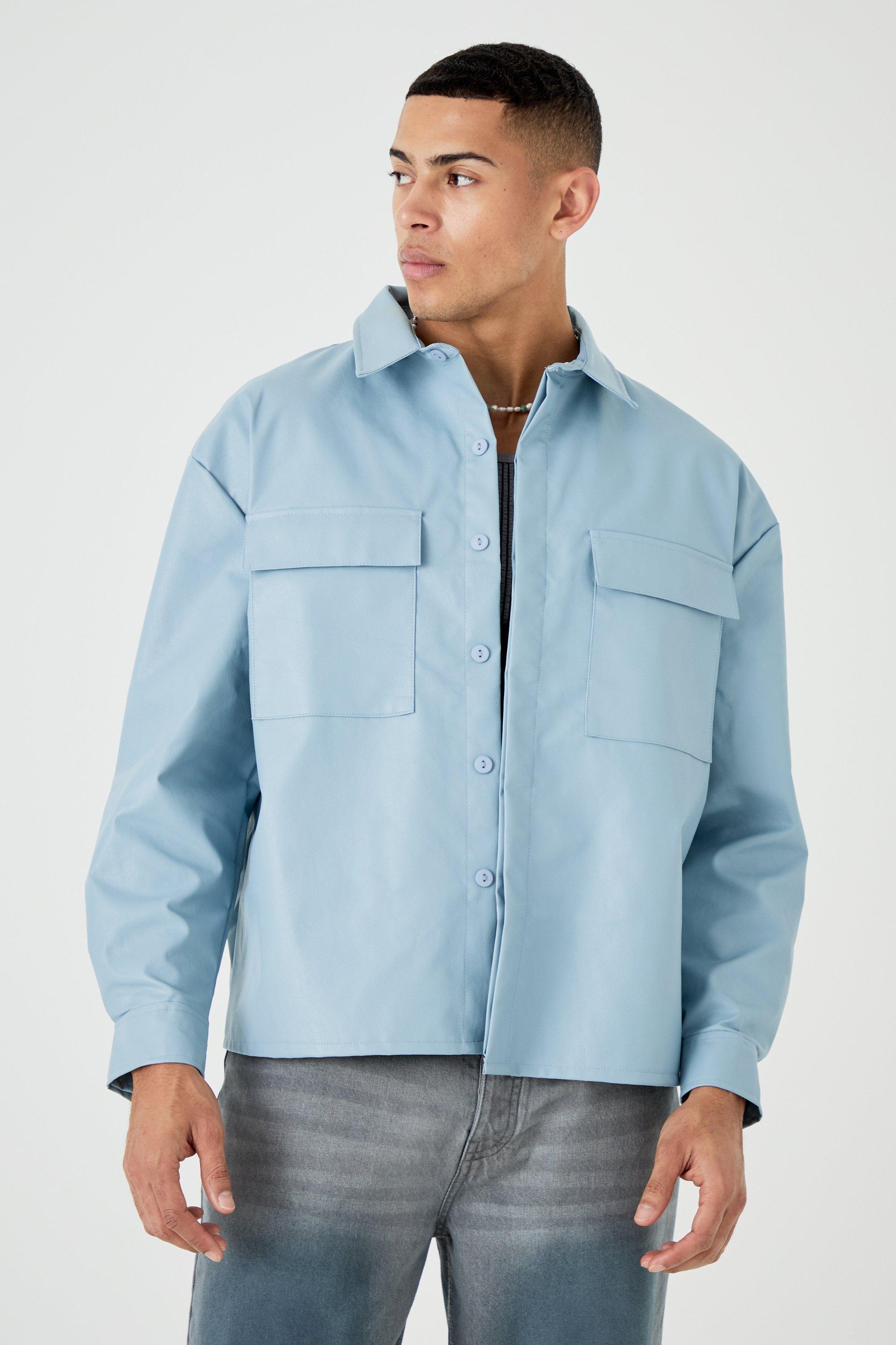 Mens Blue Pu Boxy Oversized Long Sleeve Shirt, Blue Product Image