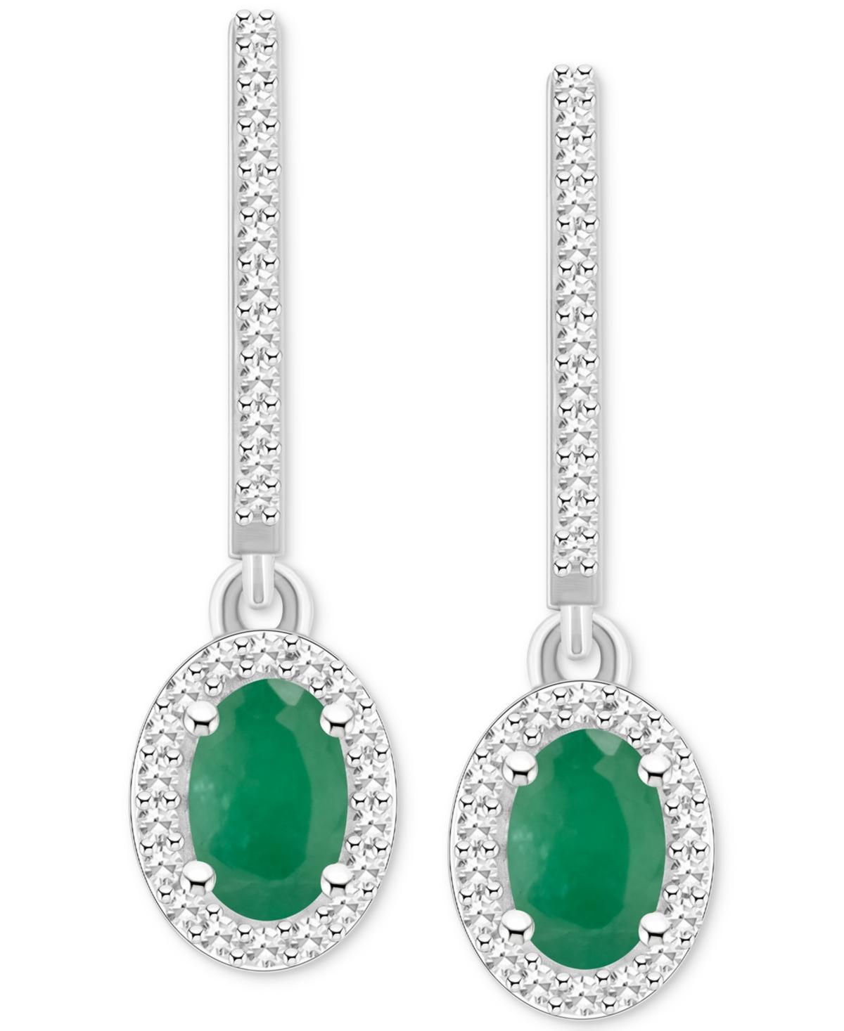 Celebration Gems Sterling Silver Oval-Cut Emerald & 1/3 Carat T.W. Diamond Hoop Drop Earrings, Womens Product Image