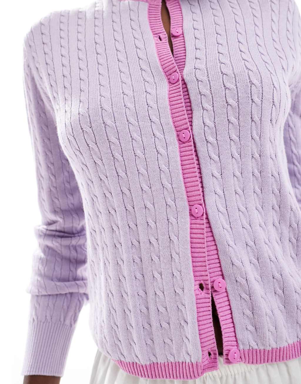 Monki button front cardigan in lilac with pink contrast trim Product Image