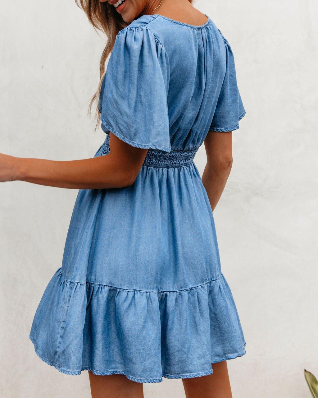 Chambray Split Neck Smocked Mini Dress Product Image