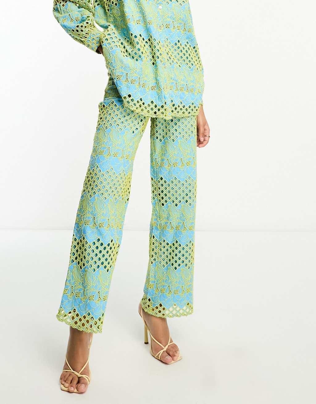 Y.A.S eyelet wide leg pants in blue and yellow - part of a set Product Image