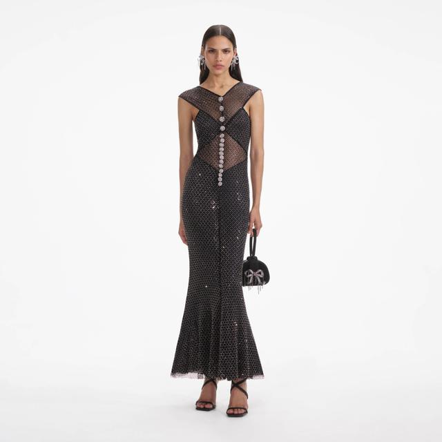 Black Rhinestone Fishnet Crossover Midi Dress Product Image