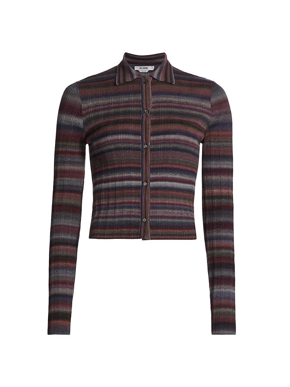 Womens Rib-Knit Stripe Polo Cardigan Product Image