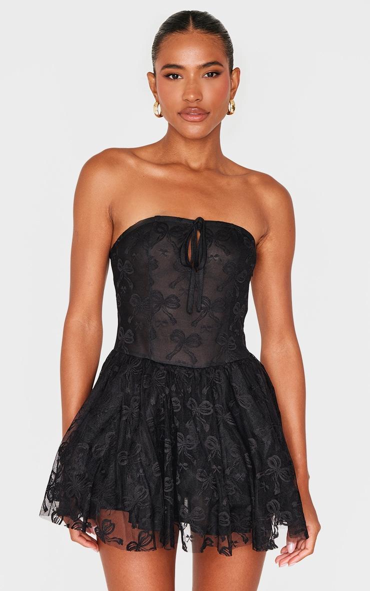 Black Bow Embroidered Lace Bandeau Romper Product Image