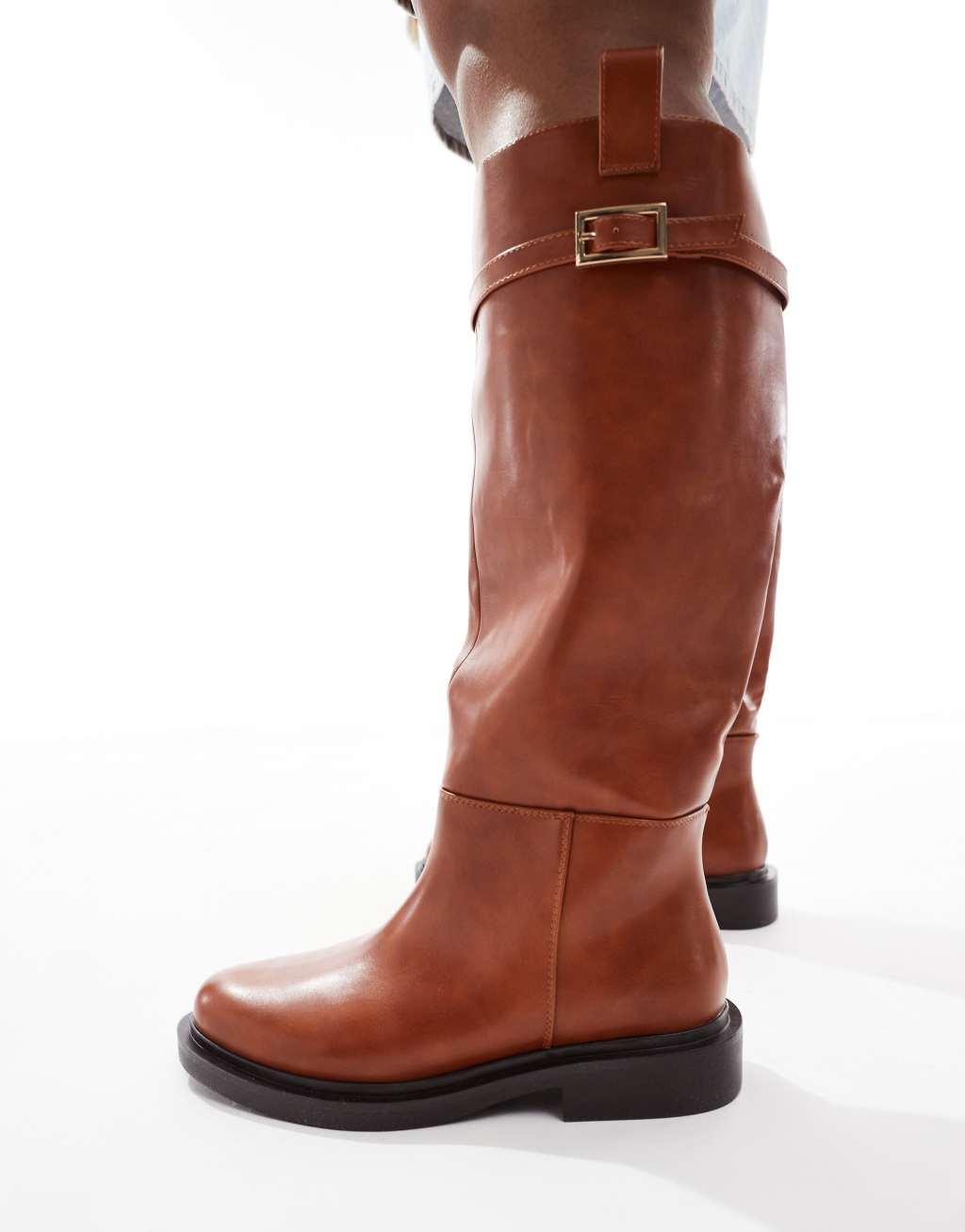 ASOS DESIGN Curve Callie smart flat riding knee boots in tan Product Image