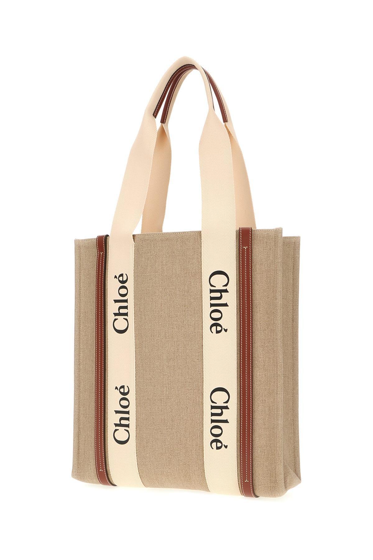 CHLOÉ Sand Linen Large Woody Shopping Bag In Sepia Brown Product Image